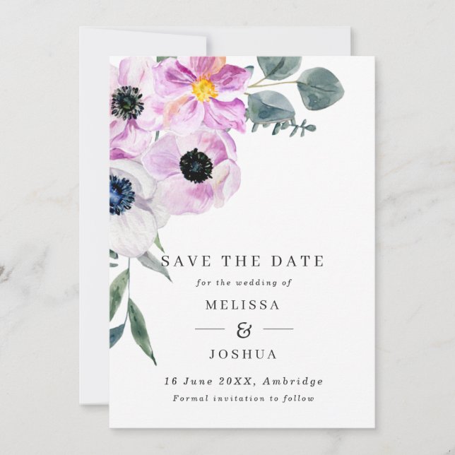 Purple & White Anemones QR Code Wedding Save The Date (Front)