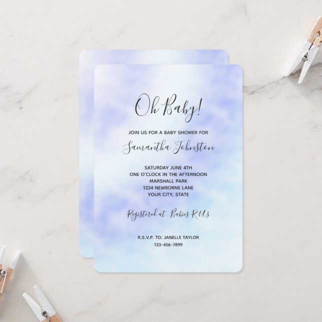 Purple White Aqua Blue Tie dye Baby Shower Invitation (Front/Back In Situ)