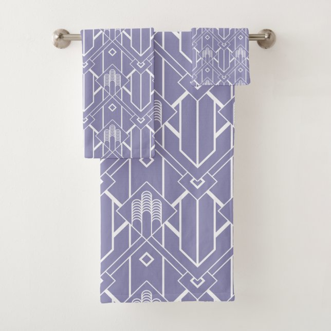 Purple White Art Deco Pattern Bath Towel Set (Insitu)