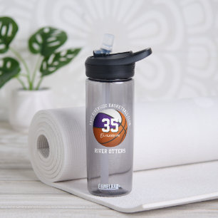 Purple white basketball team colours club name water bottle