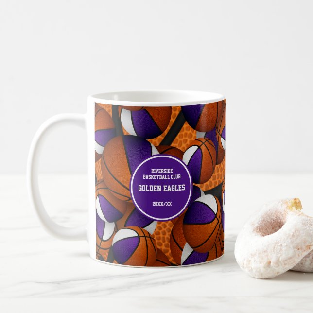 purple white basketball team colours coach name coffee mug (With Donut)