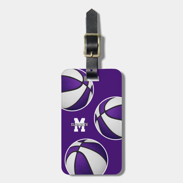 purple white basketball travel team colours luggage tag (Front Vertical)