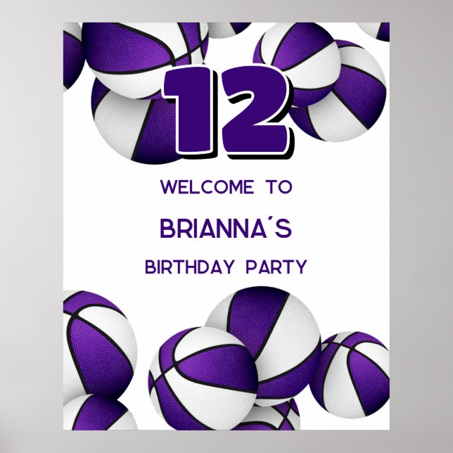 purple white basketballs birthday party welcome poster (Front)