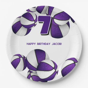 purple white basketballs boys girls sports party paper plate