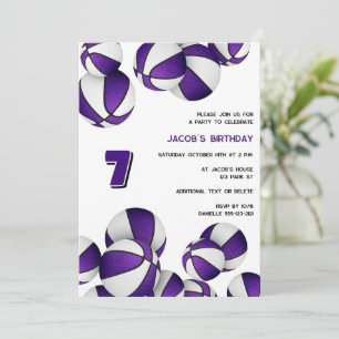 purple white basketballs kids sports birthday invitation