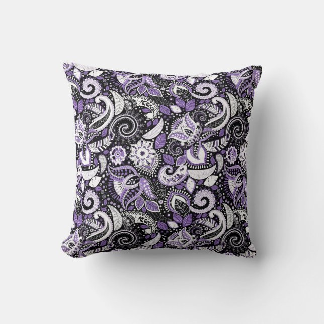 Purple White Black Paisley Print Pattern Cushion (Front)