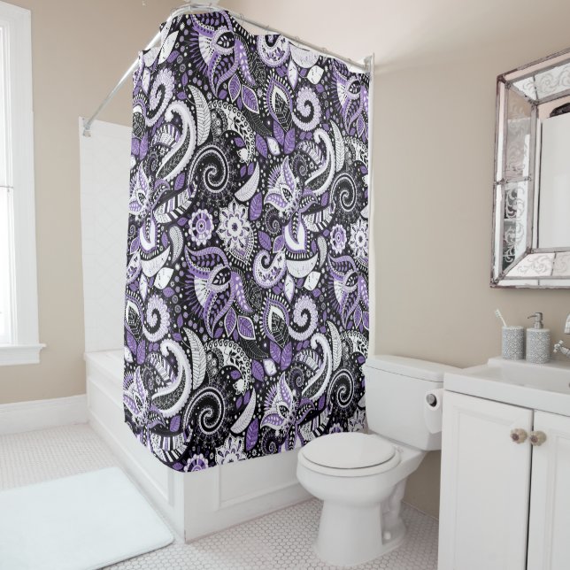 Purple White Black Paisley Print Pattern Shower Curtain (In Situ)