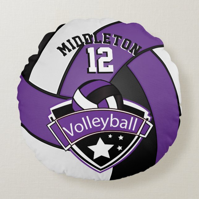 Purple, White & Black Personalise Volleyball Round Cushion (Front)
