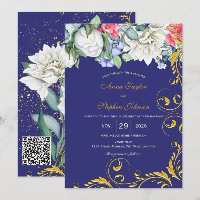 Purple White Blue Pink Gold Swirls Botanical Invitation (Front/Back)
