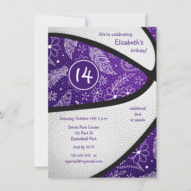 purple white boho sports girls basketball party invitation (Front)
