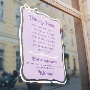 Purple White Bow Frame Small Business Open Hours Window Cling