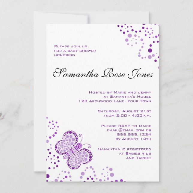 Purple & White Butterfly Elegant Baby Shower Invitation (Front)