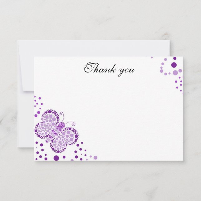 Purple & White Butterfly Flat Thank You Note Note Card (Front)