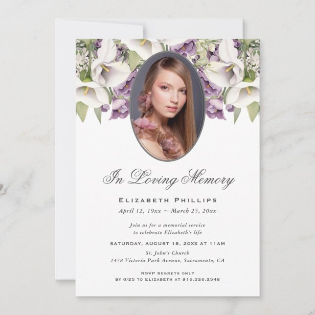 Purple White Calla Lilies Photo Memorial Service Invitation (Front)