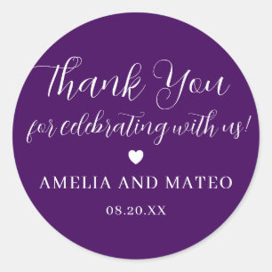 Purple White Calligraphy Wedding Thank You Favour Classic Round Sticker
