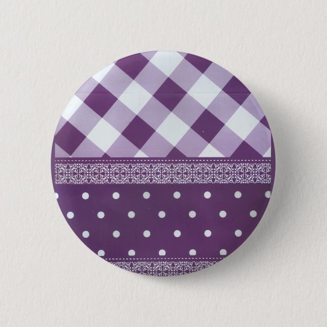 Purple White Checkered Polka Dot Floral Damask Art 6 Cm Round Badge (Front)