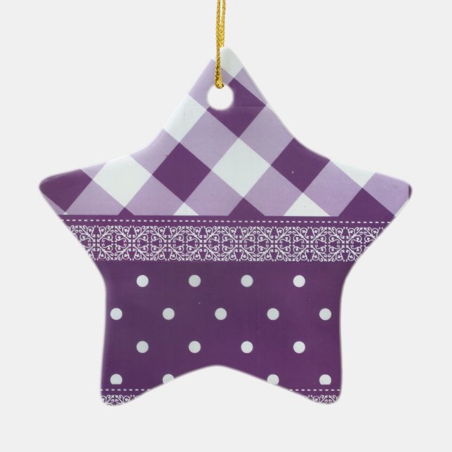 Purple White Checkered Polka Dot Floral Damask Art Ceramic Tree Decoration (Front)