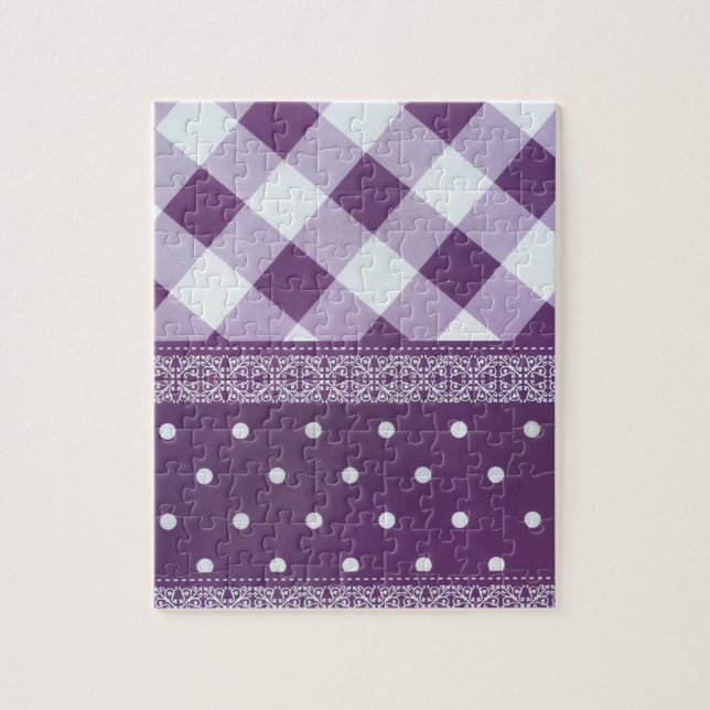 Purple White Checkered Polka Dot Floral Damask Art Jigsaw Puzzle (Vertical)