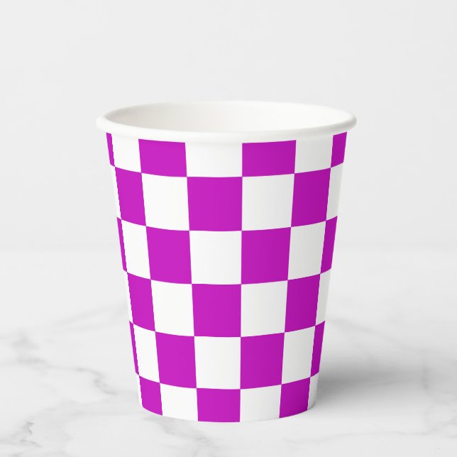 Purple White Chequered Check Pattern Paper Cups (Front)