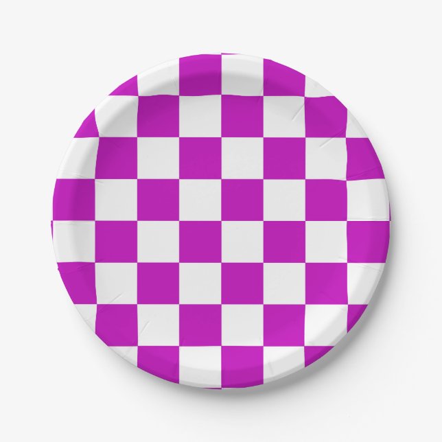 Purple White Chequered Check Pattern Paper Plate (Front)