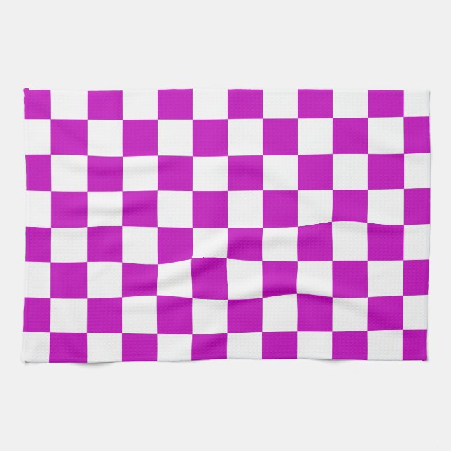 Purple White Chequered Check Pattern Tea Towel (Horizontal)