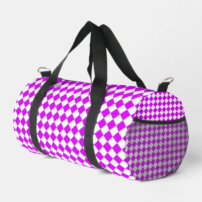 Purple White Chequered Diamond Pattern Duffle Bag (Right Corner)