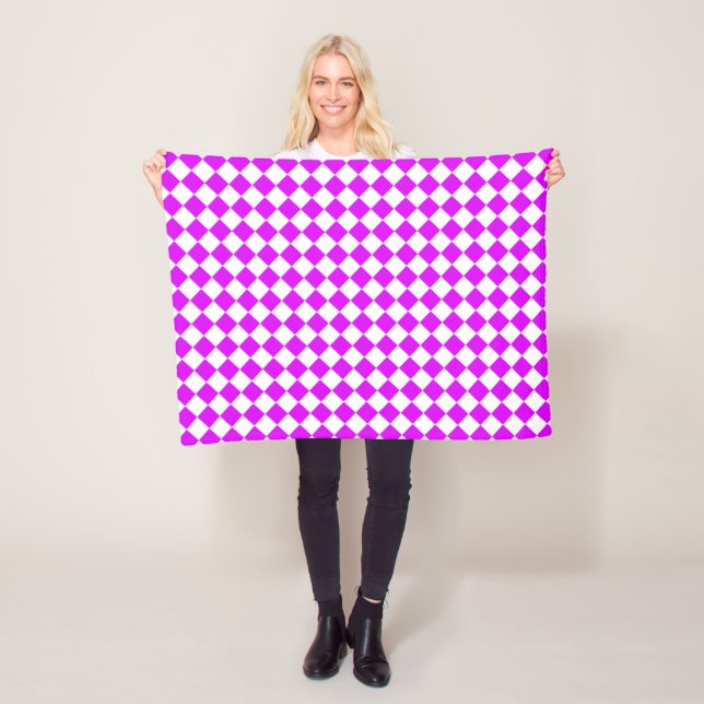 Purple White Chequered Diamond Pattern Fleece Blanket (In Situ)