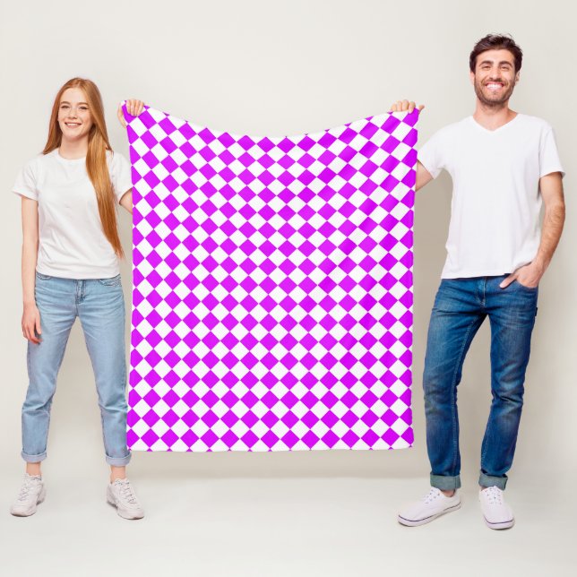 Purple White Chequered Diamond Pattern Fleece Blanket (In Situ)