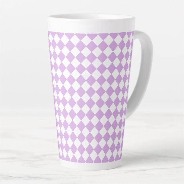 Purple White Chequered Diamond Pattern Latte Mug (Right Angle)