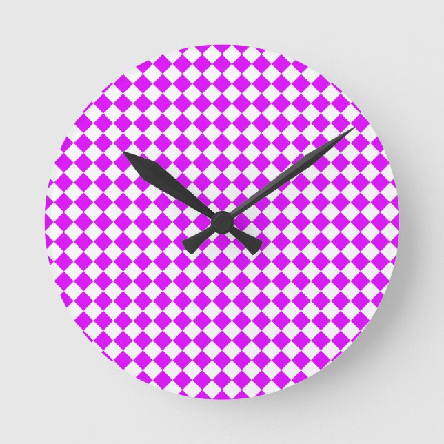 Purple White Chequered Diamond Pattern Round Clock (Front)