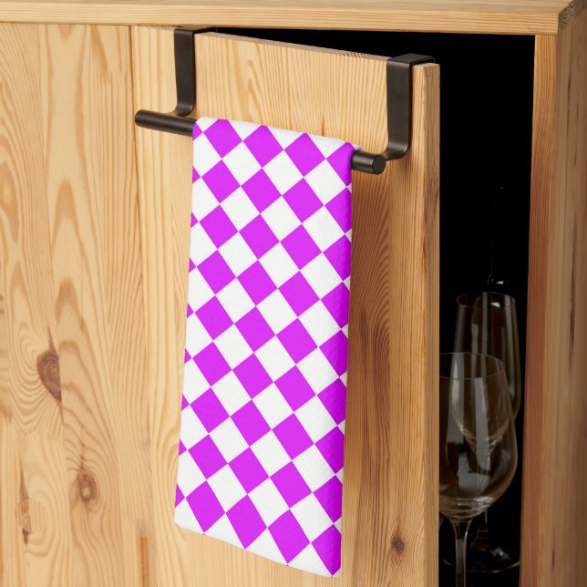Purple White Chequered Diamond Pattern Tea Towel (Thirds Fold)