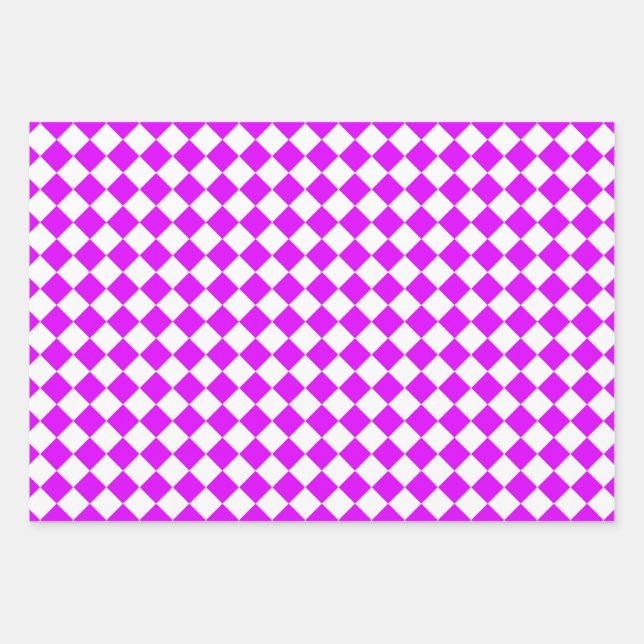 Purple White Chequered Diamond Pattern Wrapping Paper Sheet (Front)