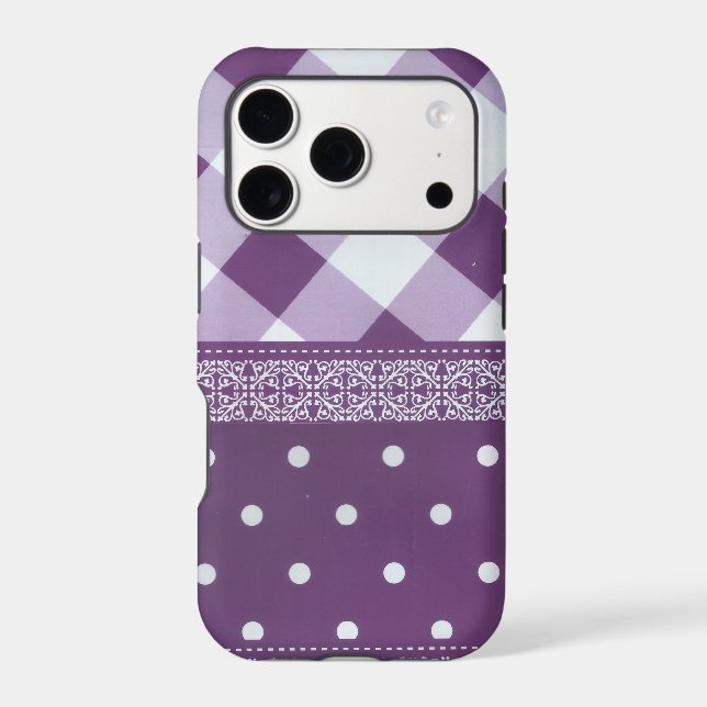 Purple White Chequered Polka Dot Floral Damask Art (Back)