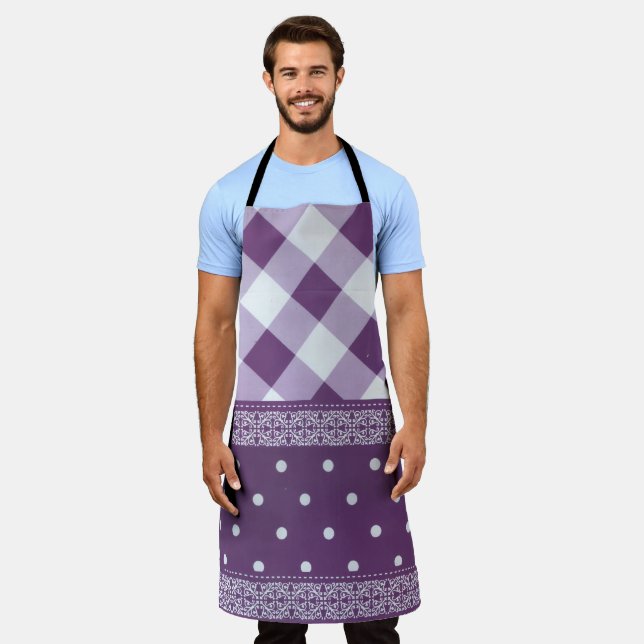 Purple White Chequered Polka Dot Floral Damask Art Apron (Worn)