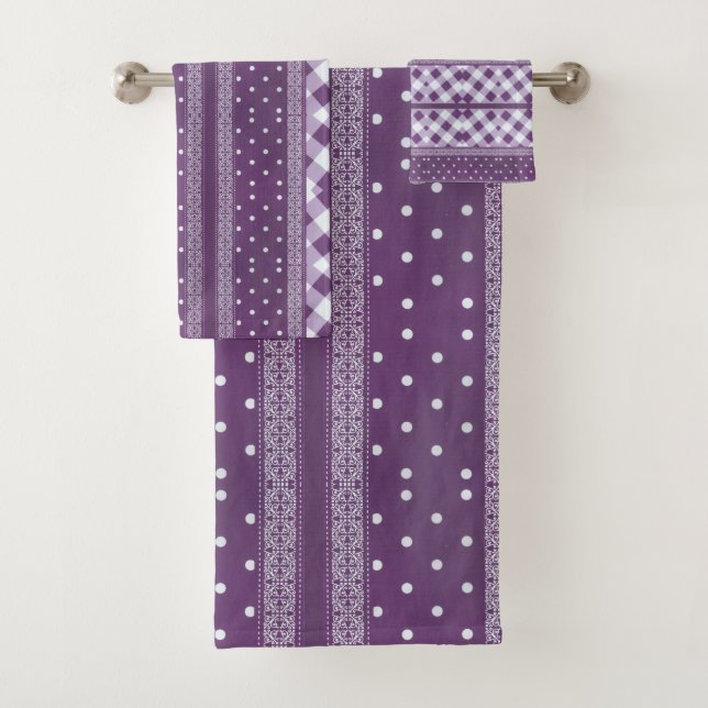 Purple White Chequered Polka Dot Floral Damask Art Bath Towel Set (Insitu)