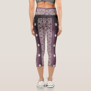 Purple White Chequered Polka Dot Floral Damask Art Capri Leggings