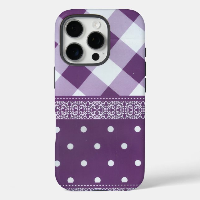 Purple White Chequered Polka Dot Floral Damask Art Case-Mate iPhone Case (Back)