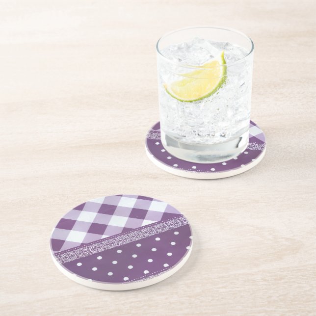 Purple White Chequered Polka Dot Floral Damask Art Coaster (Side)
