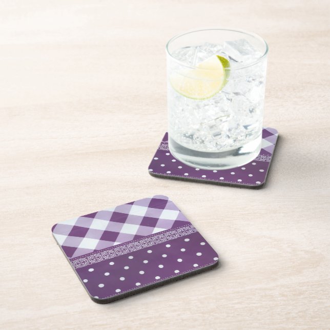 Purple White Chequered Polka Dot Floral Damask Art Coaster (Right Side)