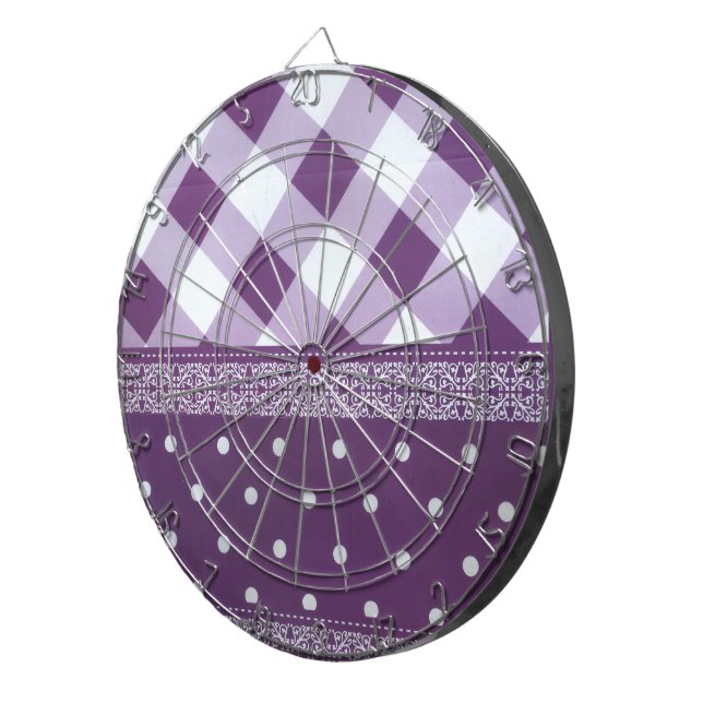 Purple White Chequered Polka Dot Floral Damask Art Dartboard (Front Right)