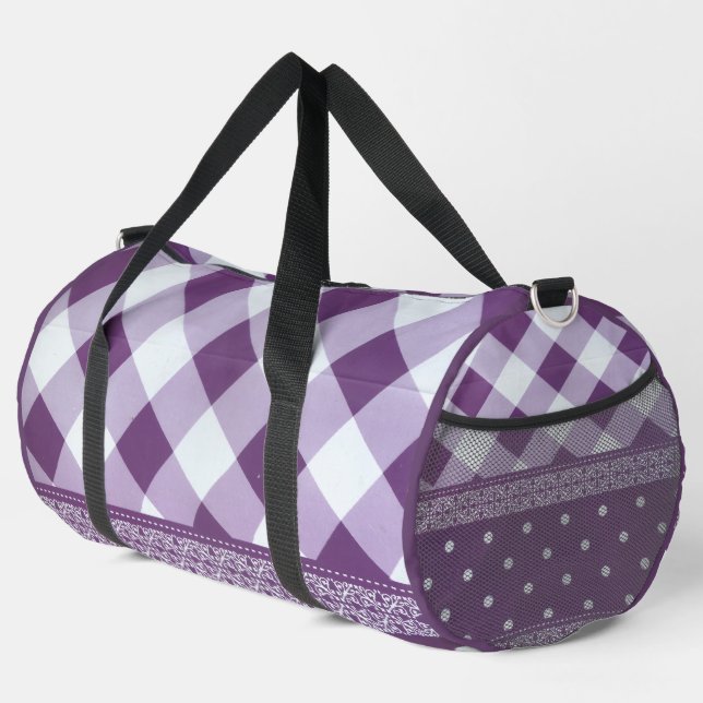 Purple White Chequered Polka Dot Floral Damask Art Duffle Bag (Right Corner)