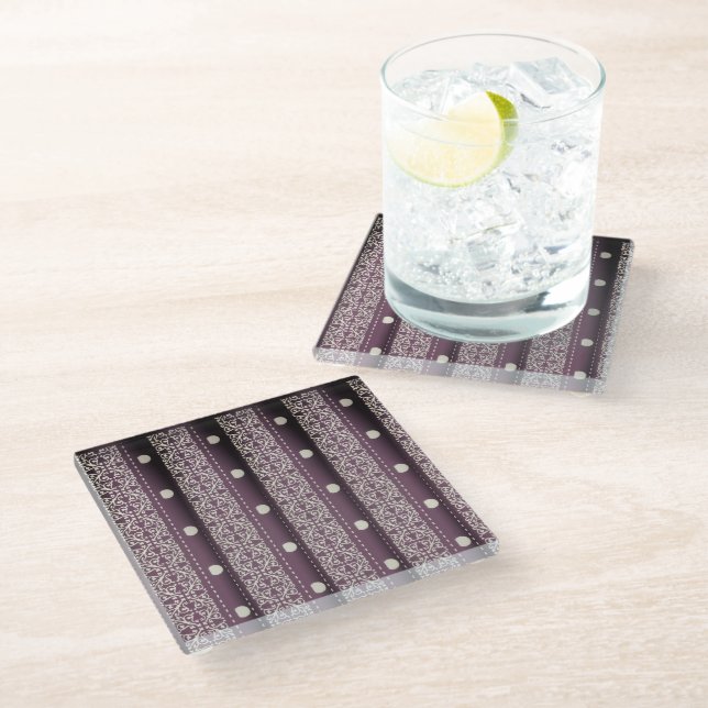 Purple White Chequered Polka Dot Floral Damask Art Glass Coaster (Angled)