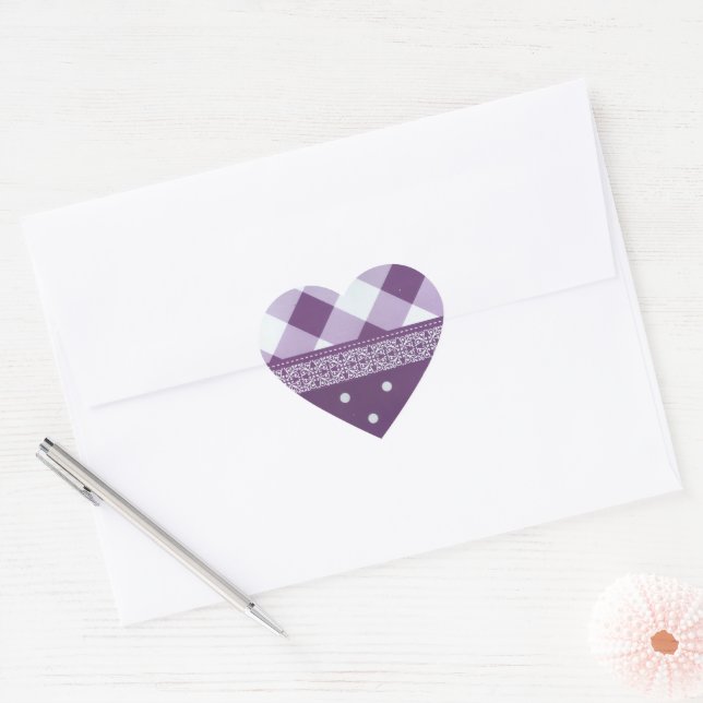 Purple White Chequered Polka Dot Floral Damask Art Heart Sticker (Envelope)