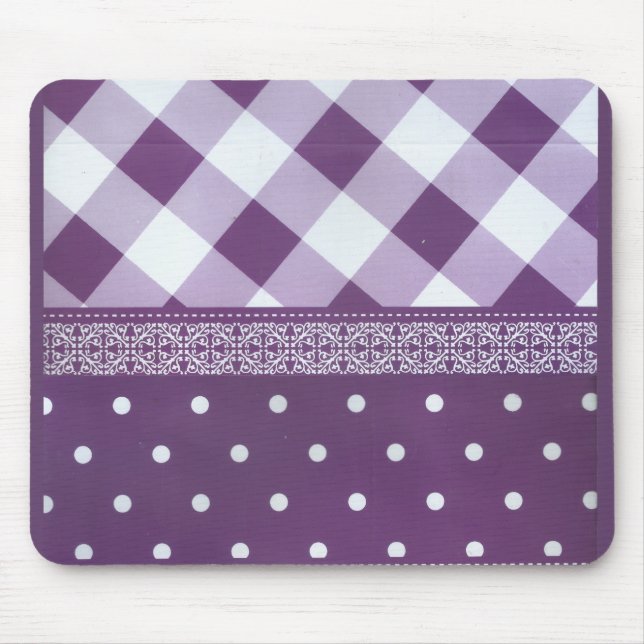 Purple White Chequered Polka Dot Floral Damask Art Mouse Mat (Front)
