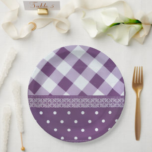 Purple White Chequered Polka Dot Floral Damask Art Paper Plate