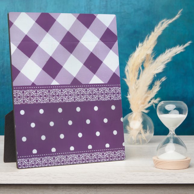 Purple White Chequered Polka Dot Floral Damask Art Plaque (Side)