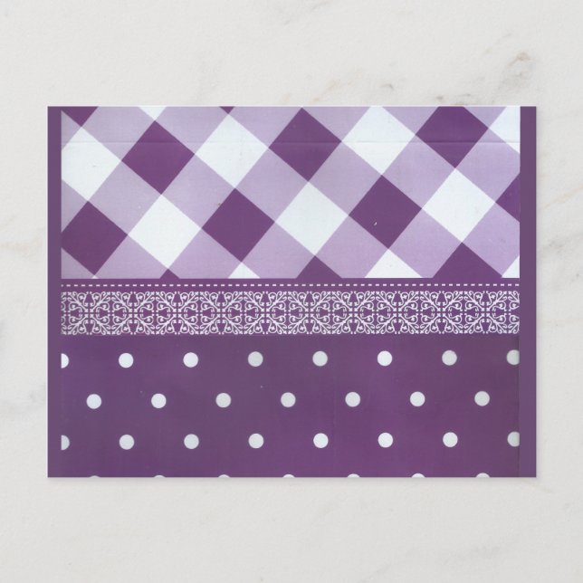 Purple White Chequered Polka Dot Floral Damask Art Postcard (Front)