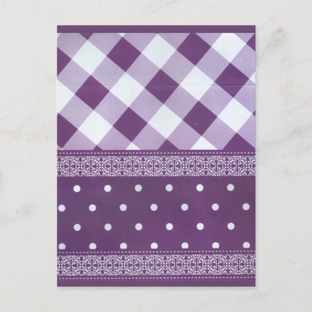 Purple White Chequered Polka Dot Floral Damask Art Postcard (Front)