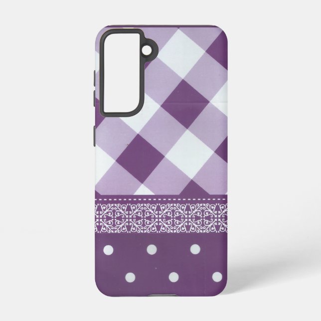 Purple White Chequered Polka Dot Floral Damask Art Samsung Galaxy S21 Case (Back)