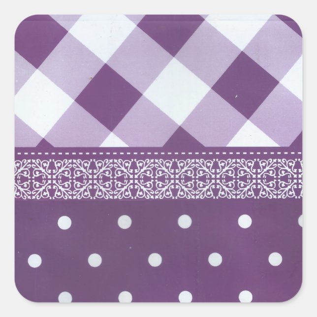 Purple White Chequered Polka Dot Floral Damask Art Square Sticker (Front)